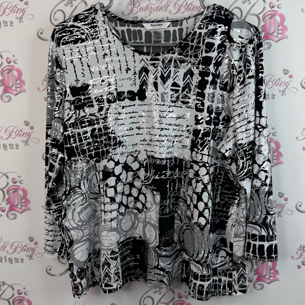 TanJay long sleeve, shiny silver Black and Gray Abstract Long Sleeve Top